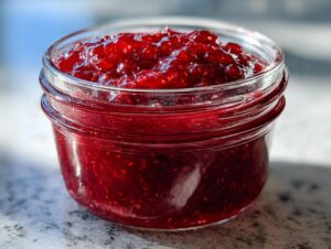 Close-up of a small glass jar filled with vibrant, chunky strawberry freezer jam.