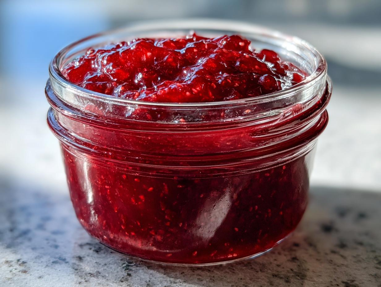Close-up of a small glass jar filled with vibrant, chunky strawberry freezer jam.