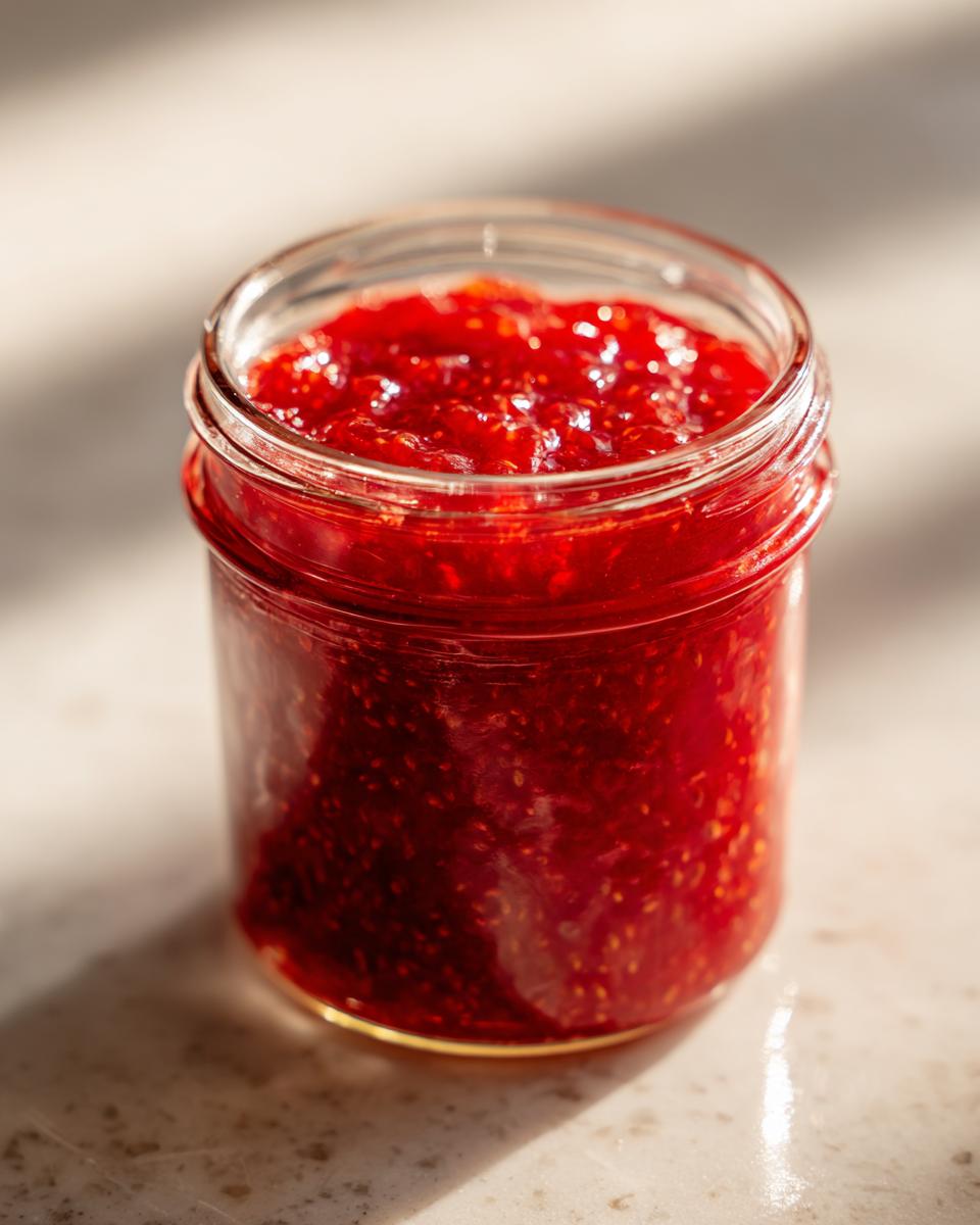 Close-up of a glass jar filled with vibrant, chunky strawberry freezer jam, catching the sunlight.