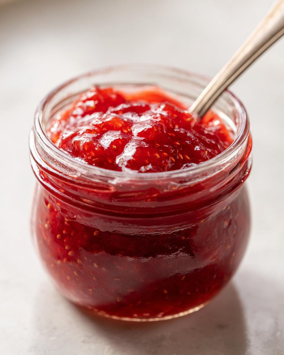 Close-up of vibrant red strawberry freezer jam in a small glass jar with a spoon resting inside.