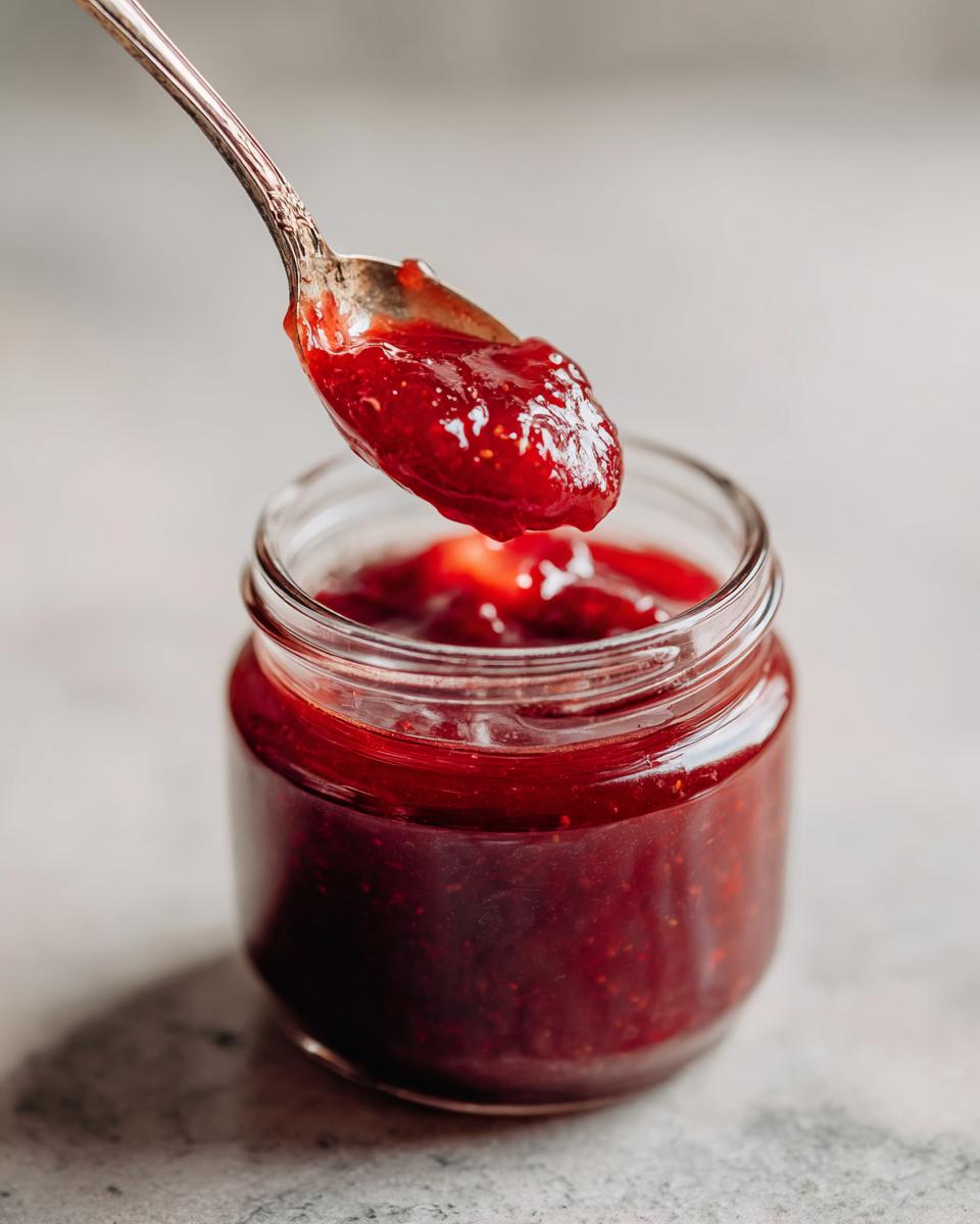 A silver spoon lifts a dollop of vibrant red strawberry freezer jam from a small glass jar.