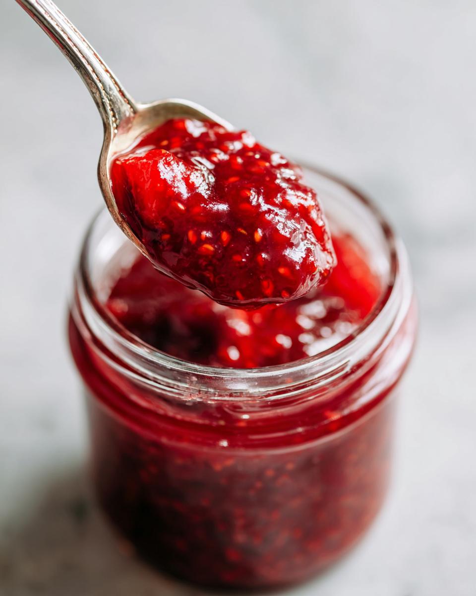 A spoonful of bright red, textured strawberry freezer jam being lifted from a glass jar.