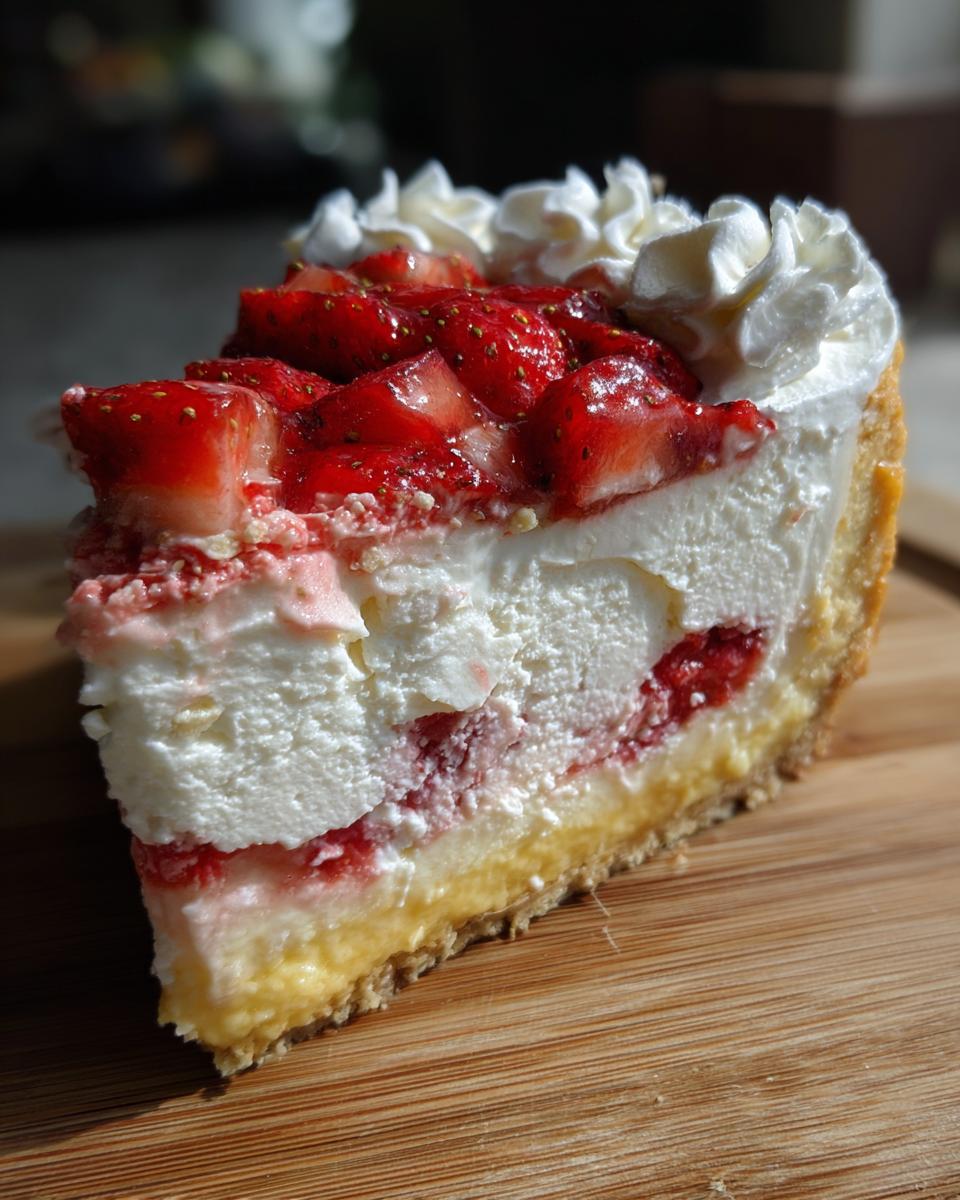 A perfect slice of strawberry shortcake cheesecake showing layers of crust, filling, strawberries, and whipped cream topping.