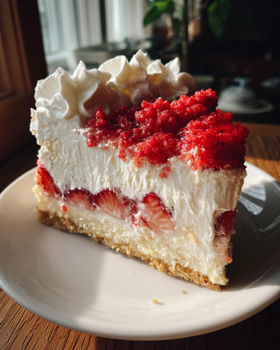 A tall slice of strawberry shortcake cheesecake featuring a graham cracker crust, layers of cream cheese filling with sliced strawberries, topped with whipped cream and strawberry crumble.