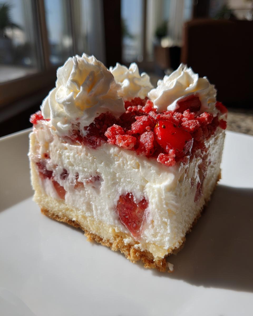 A square slice of strawberry shortcake cheesecake featuring a graham cracker crust, creamy filling with strawberries, and topped with whipped cream dollops.