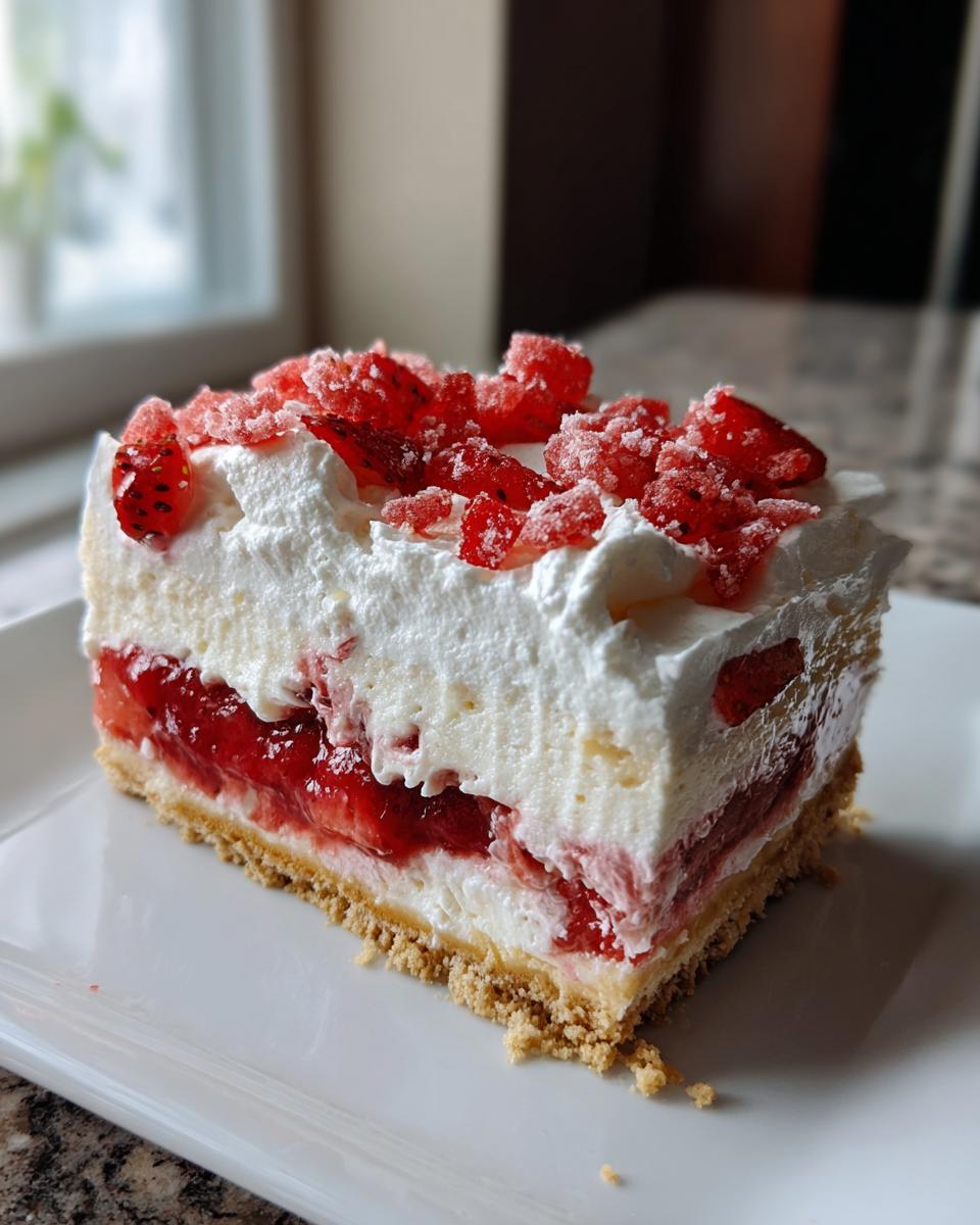 A perfect square slice of strawberry shortcake cheesecake featuring a graham cracker crust, creamy layers, and sugared strawberry topping.