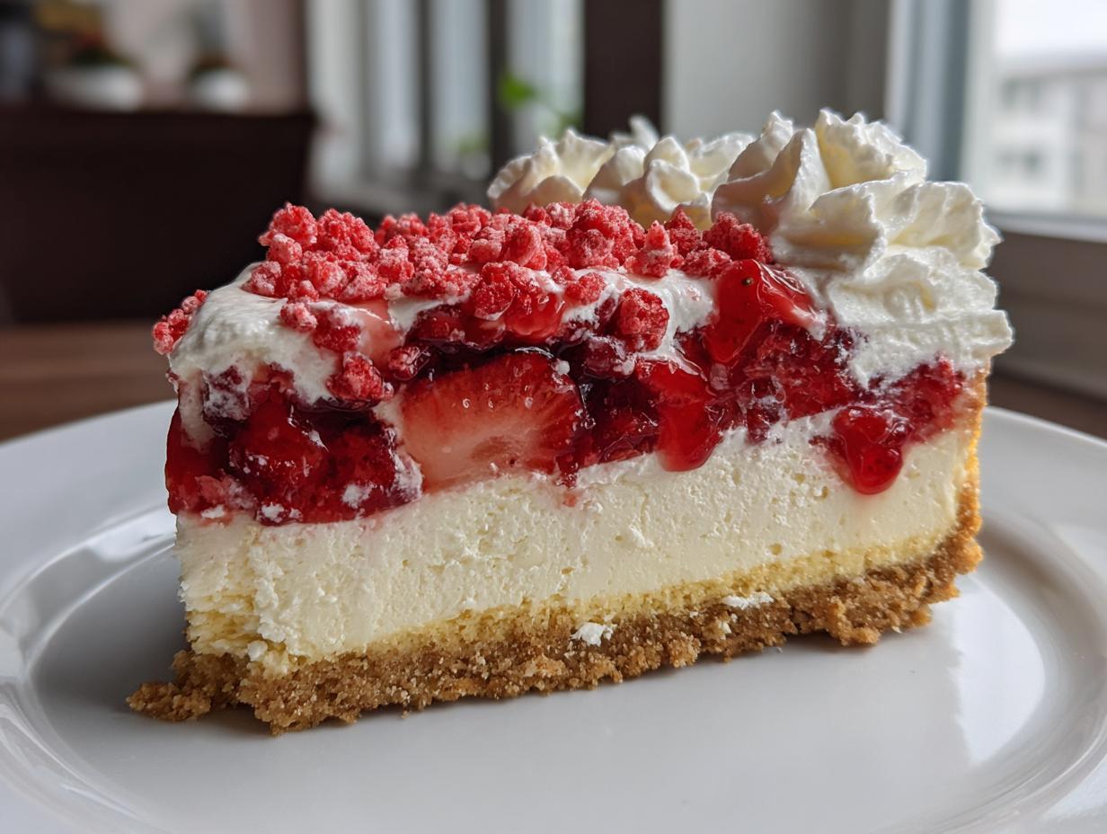 A decadent slice of strawberry shortcake cheesecake featuring a graham cracker crust, creamy filling, strawberry topping, and whipped cream.