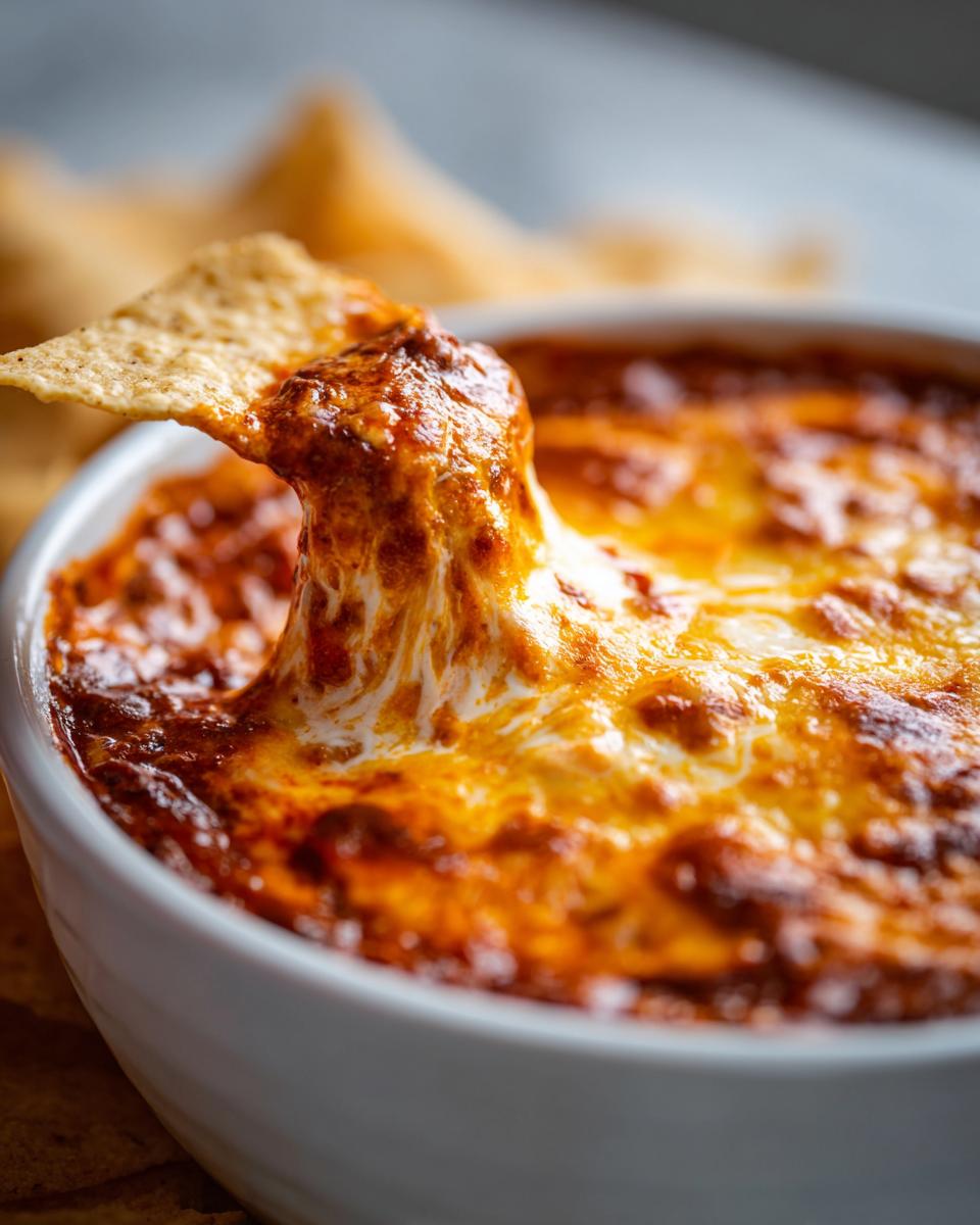 A tortilla chip pulls a gooey, cheesy scoop from a bowl of hot chili cheese dip.