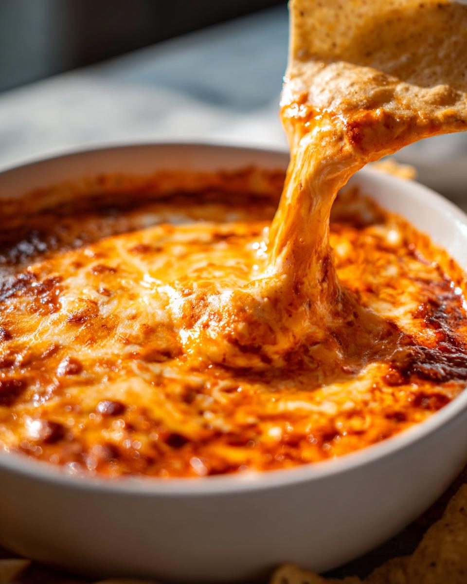 Close-up of a tortilla chip pulling a long, cheesy stretch from a hot bowl of chili cheese dip.