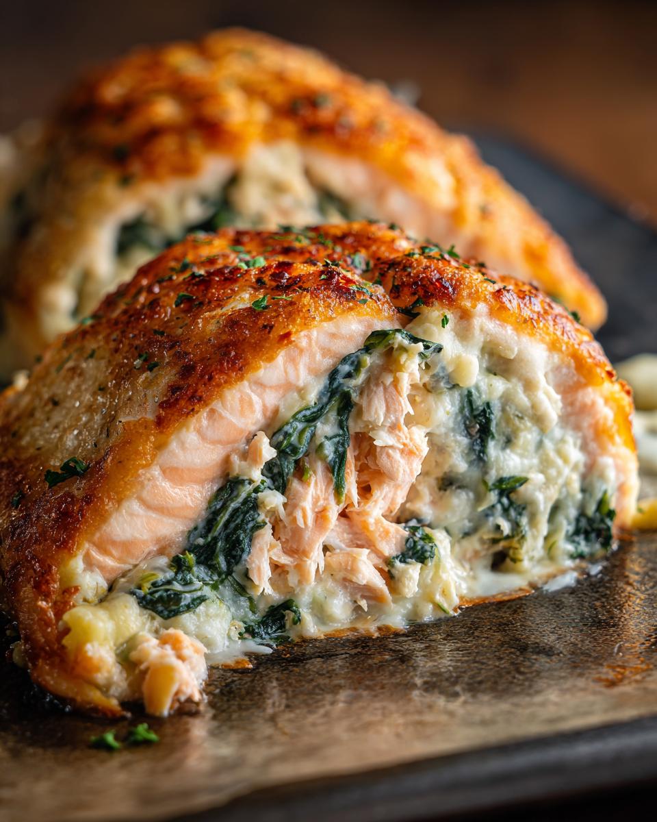 A close-up cross-section of a perfectly cooked stuffed salmon fillet showing flaky pink fish and creamy spinach filling.