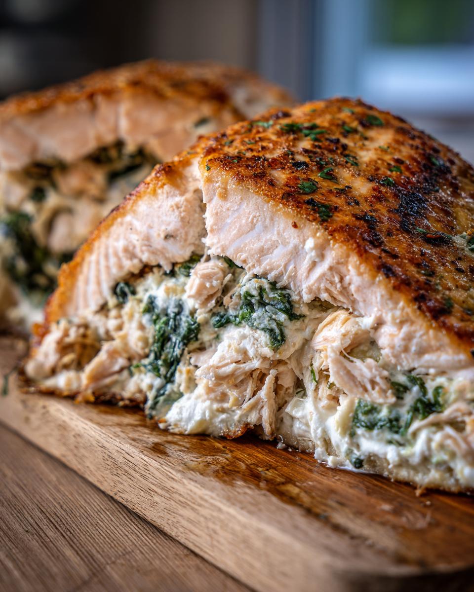 Close-up of a perfectly cooked stuffed salmon fillet cut in half, revealing creamy spinach filling inside the stuffed salmon.
