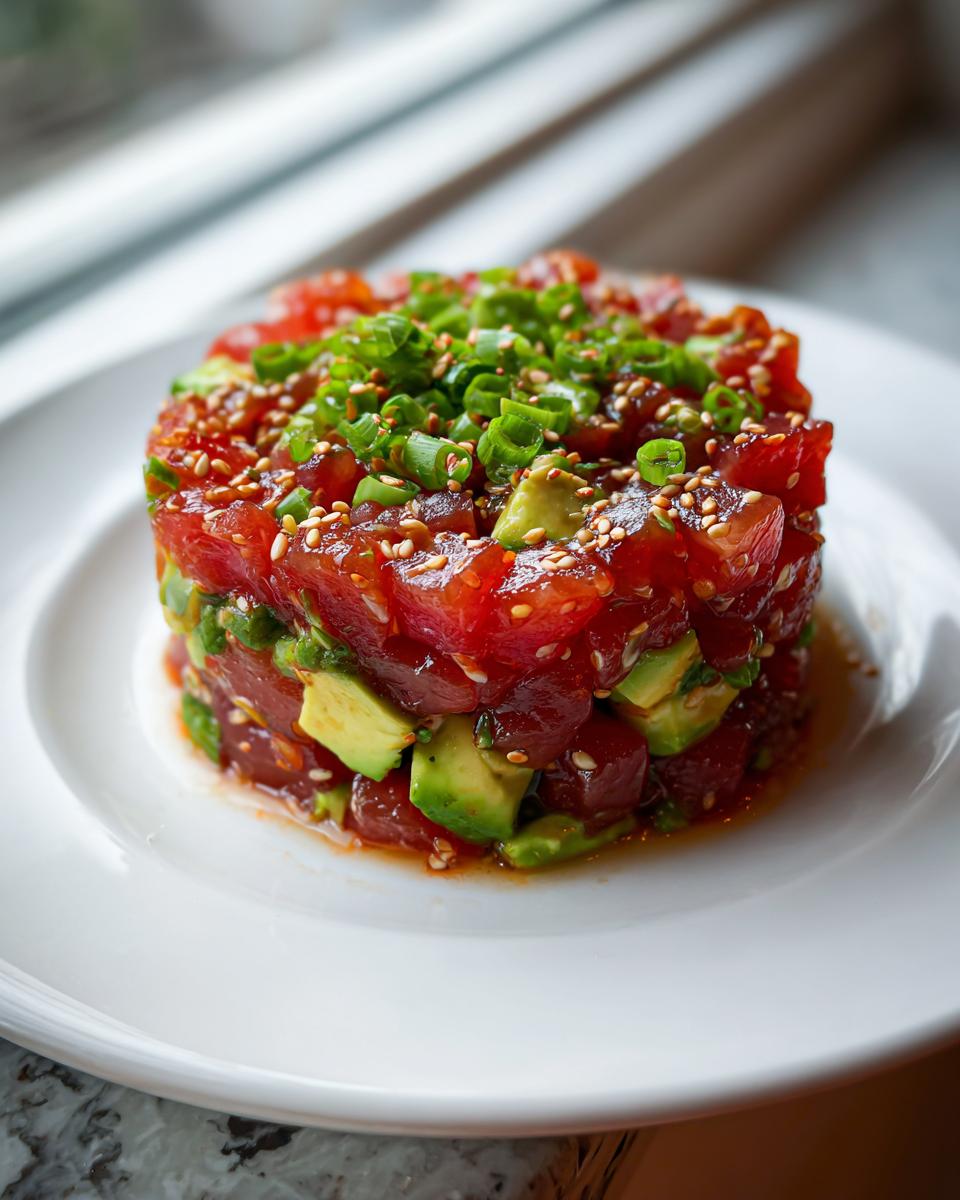 A beautifully molded serving of fresh tuna tartare layered with avocado chunks and topped with scallions and sesame seeds.