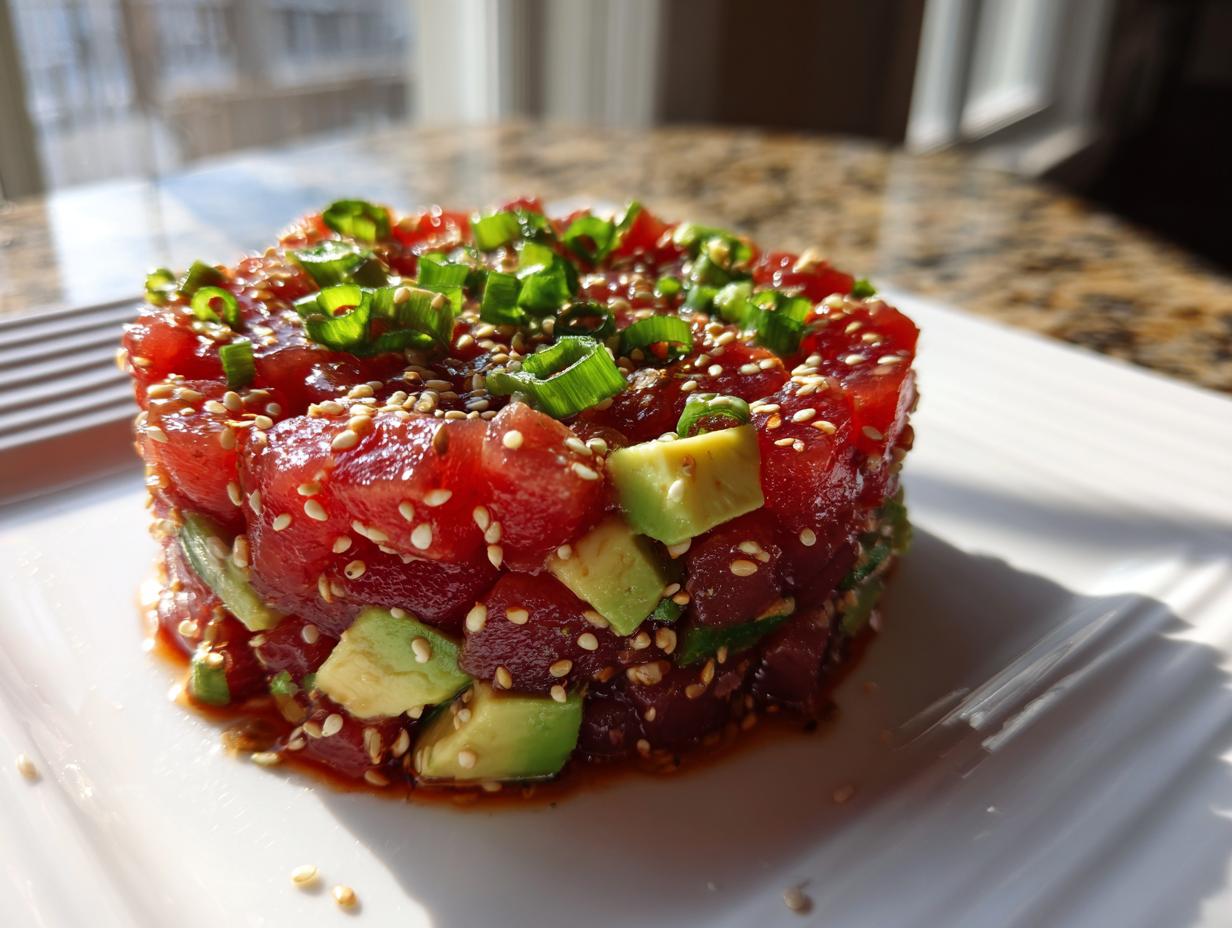 A close-up of a cylindrical serving of vibrant tuna tartare mixed with avocado chunks, topped with sesame seeds and green onions.