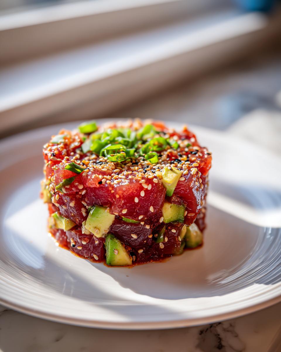 A cylindrical serving of vibrant tuna tartare mixed with avocado chunks, topped with sesame seeds and green onions.
