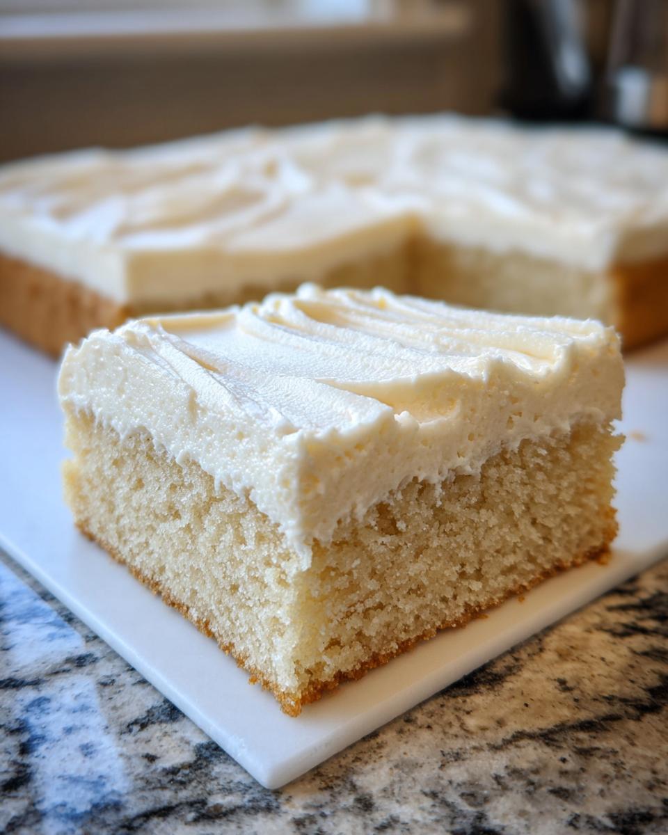 A thick, square slice of soft sugar cookie bars topped with creamy white frosting.