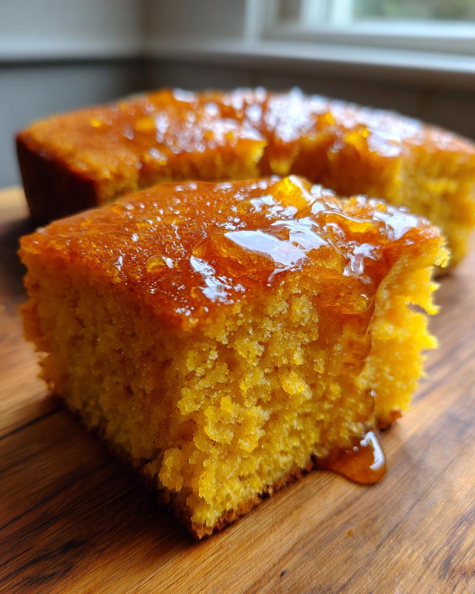 Close-up of a moist slice of bright orange sweet potato cornbread topped with a shiny amber glaze.