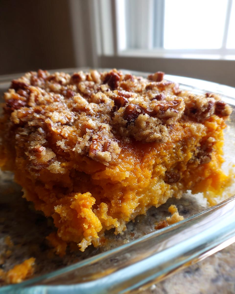 A close-up view of a serving of bright orange sweet potato souffle topped with a crunchy pecan streusel topping.