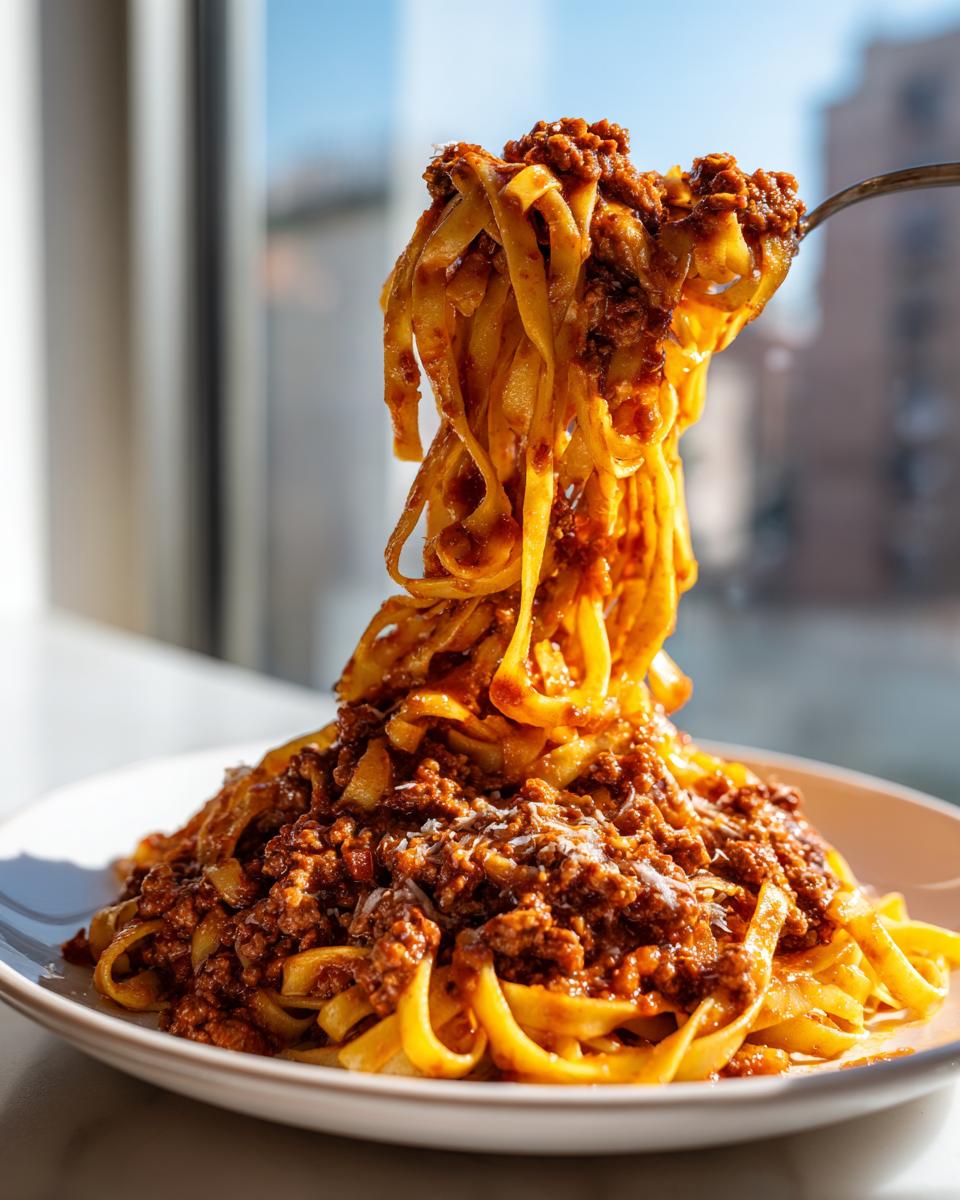 A fork lifting a generous portion of pasta coated in rich bolognese sauce from a plate.
