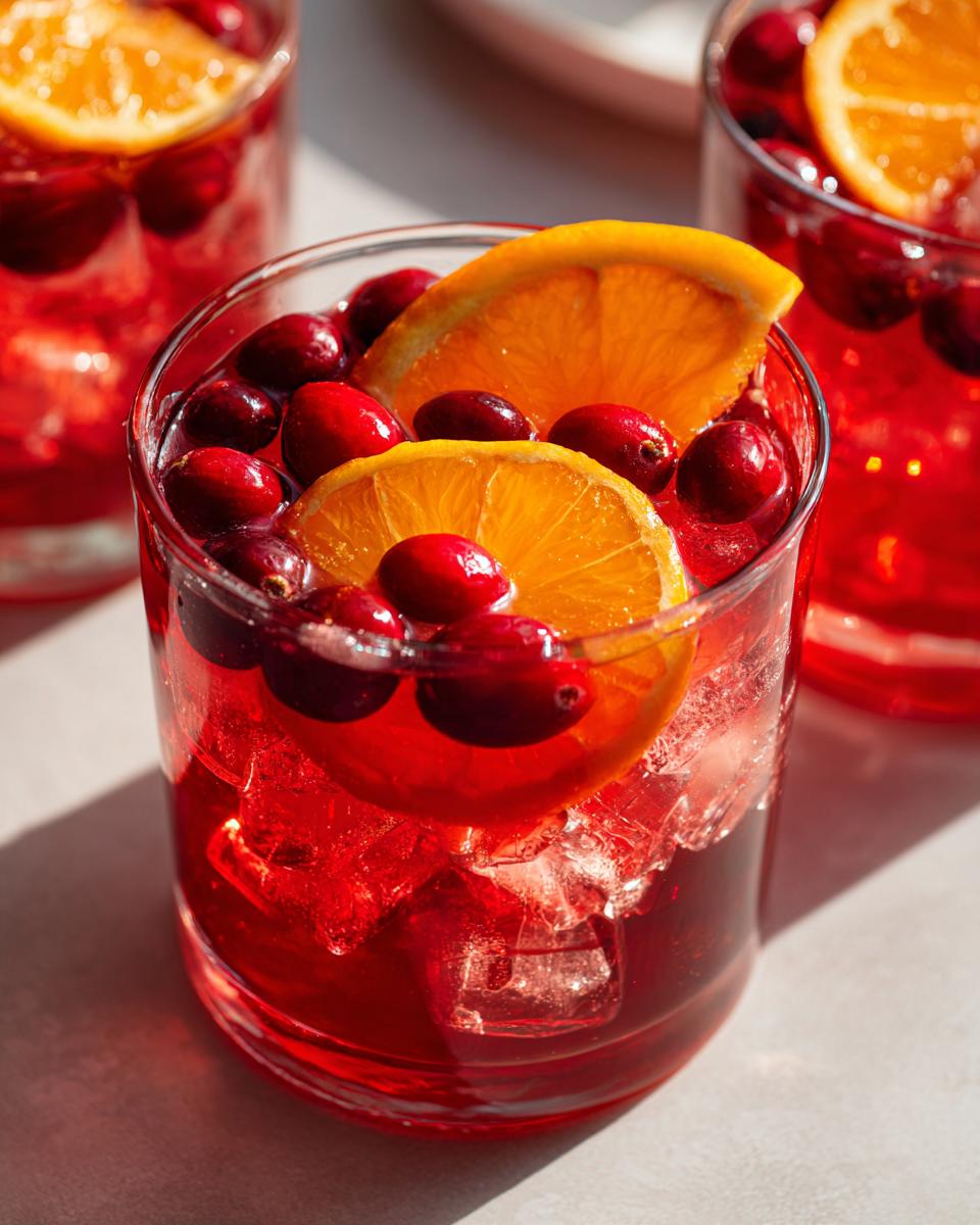 Close-up of a glass filled with bright red thanksgiving punch, ice, fresh cranberries, and orange slices.