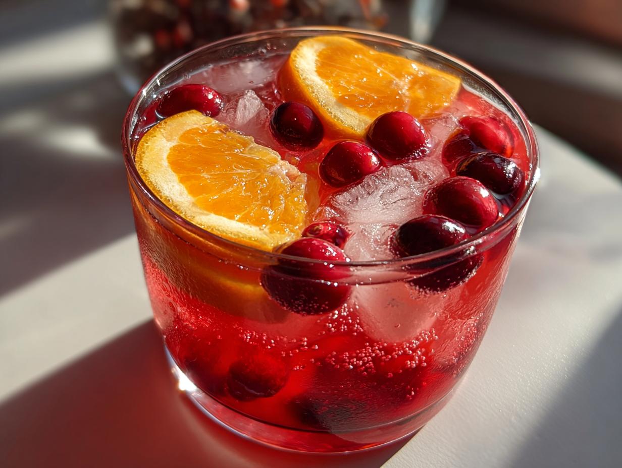 Close-up of a glass filled with red thanksgiving punch, ice, fresh cranberries, and orange slices.