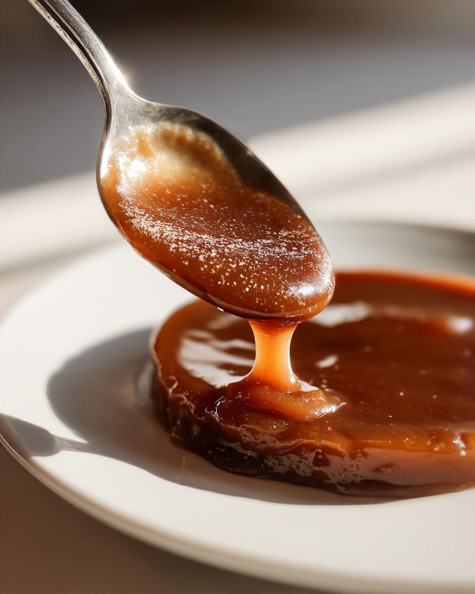 Close-up of a spoonful of thick, rich brown sauce, resembling turkey gravy, being drizzled onto a pool of sauce on a white plate.