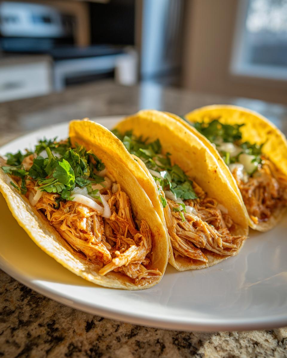 Three golden corn shell chicken tacos filled with shredded seasoned chicken, onions, and cilantro.