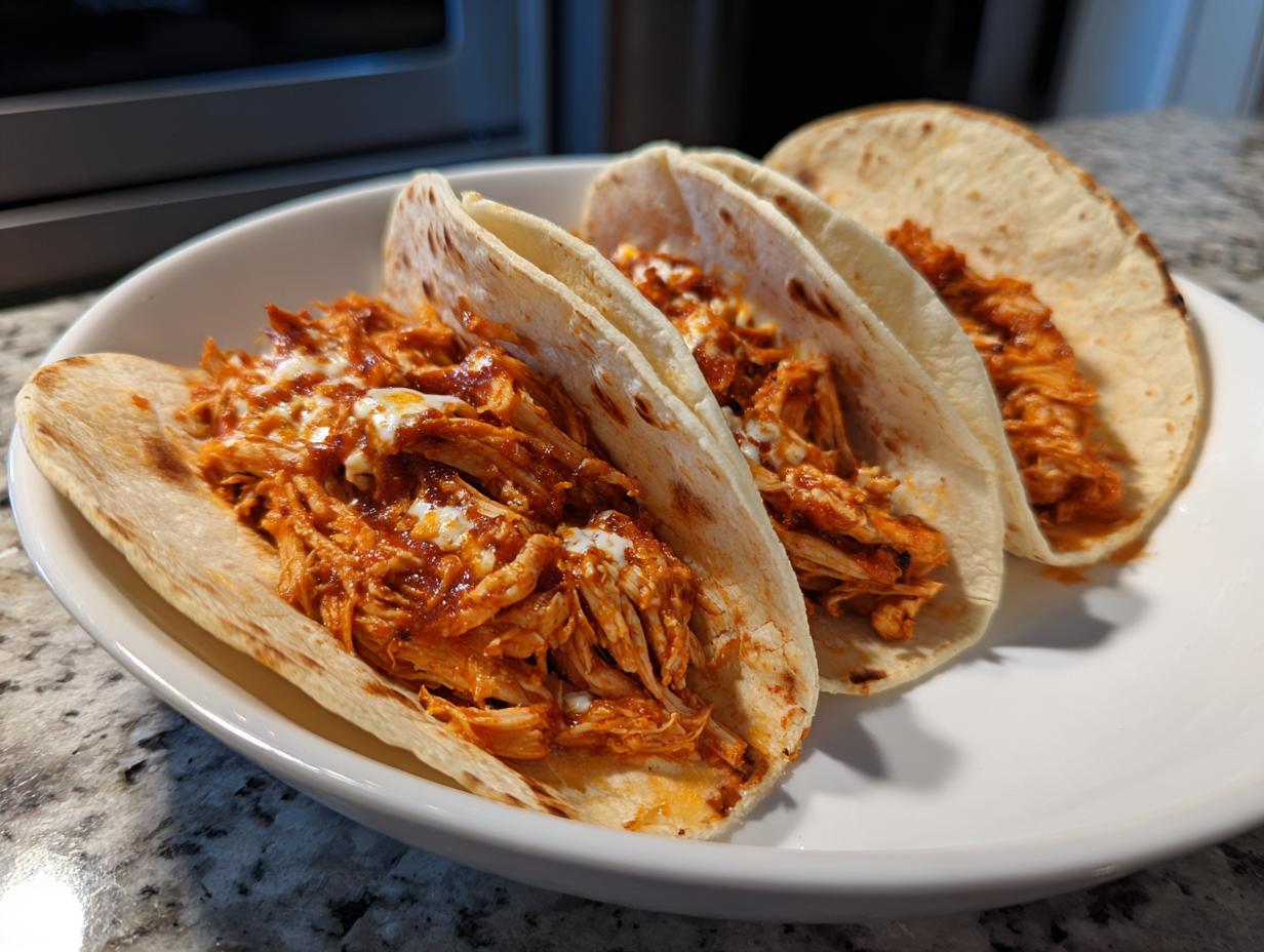 Three soft tortilla chicken tacos filled with shredded, saucy chicken and a drizzle of white crema.
