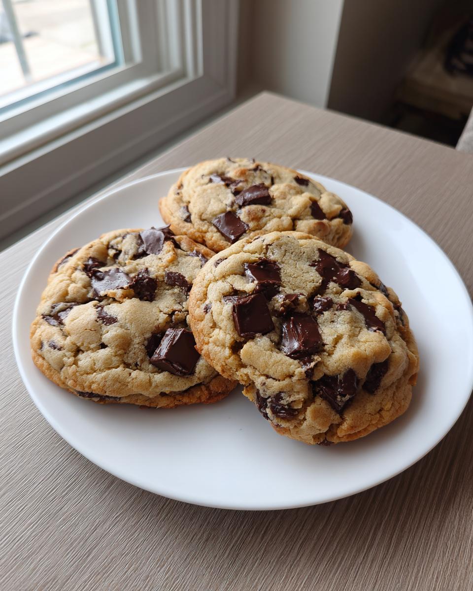 Three thick, chewy homemade chocolate chip cookies loaded with dark chocolate chunks, served on a white plate near a window.