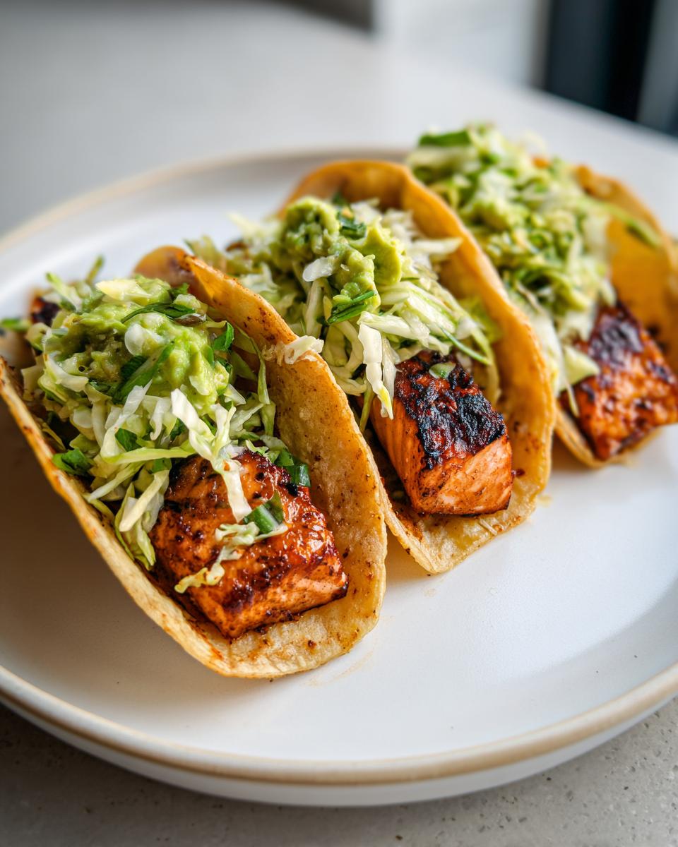 Three fully loaded salmon tacos featuring grilled salmon, cabbage slaw, and guacamole on a white plate.