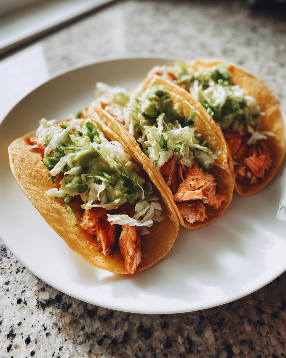 Three freshly made salmon tacos filled with flaked salmon, shredded cabbage, and avocado sauce, served on a white plate.