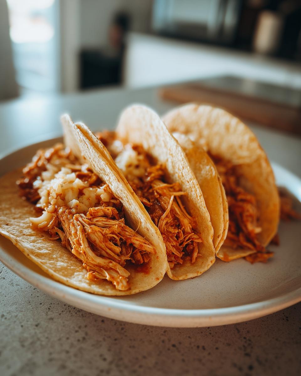 Close-up of three soft shell chicken tacos filled with shredded seasoned chicken and cheese on a light plate.