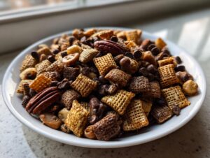 A white bowl filled with homemade toffee chex mix recipe, featuring cereal squares, pecans, and chocolate chips.