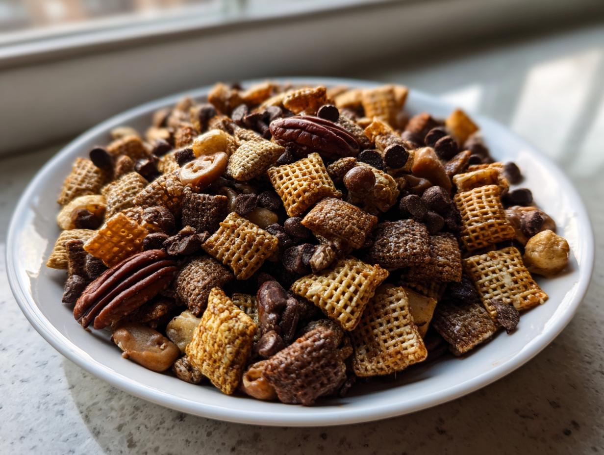 A white bowl filled with homemade toffee chex mix recipe, featuring cereal squares, pecans, and chocolate chips.