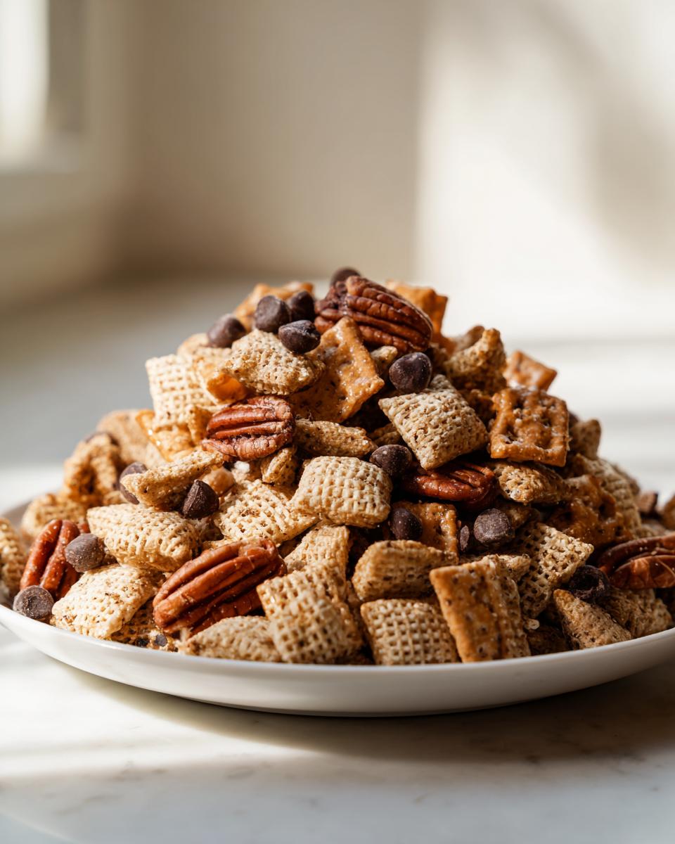 A mound of sweet toffee chex mix recipe featuring Chex cereal, pecans, and chocolate chips piled high on a white plate.