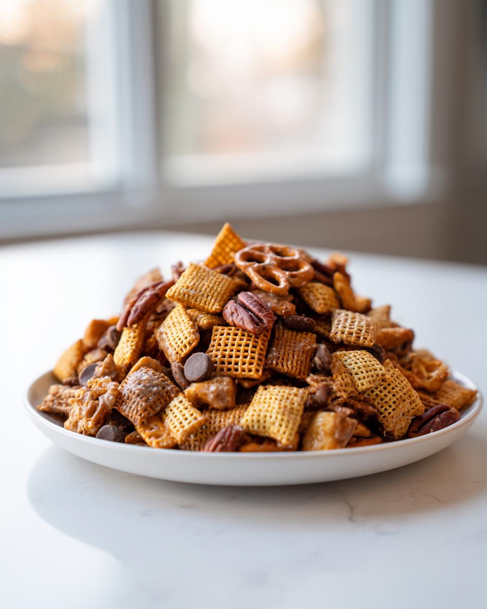 A heaping plate of homemade toffee chex mix recipe featuring Chex cereal, pecans, pretzels, and chocolate chips.