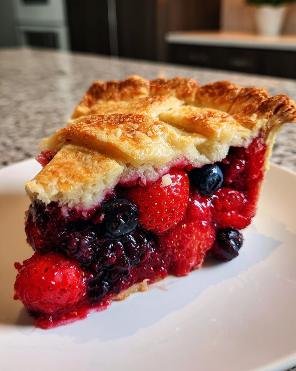 A close-up slice of triple berry pie showing juicy strawberries, blueberries, and blackberries under a golden, flaky lattice crust.