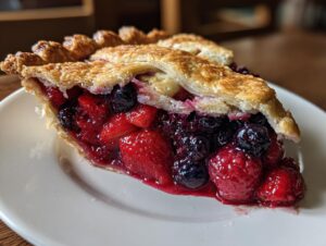 A close-up of a juicy slice of triple berry pie showing strawberries, raspberries, and blueberries overflowing with filling.