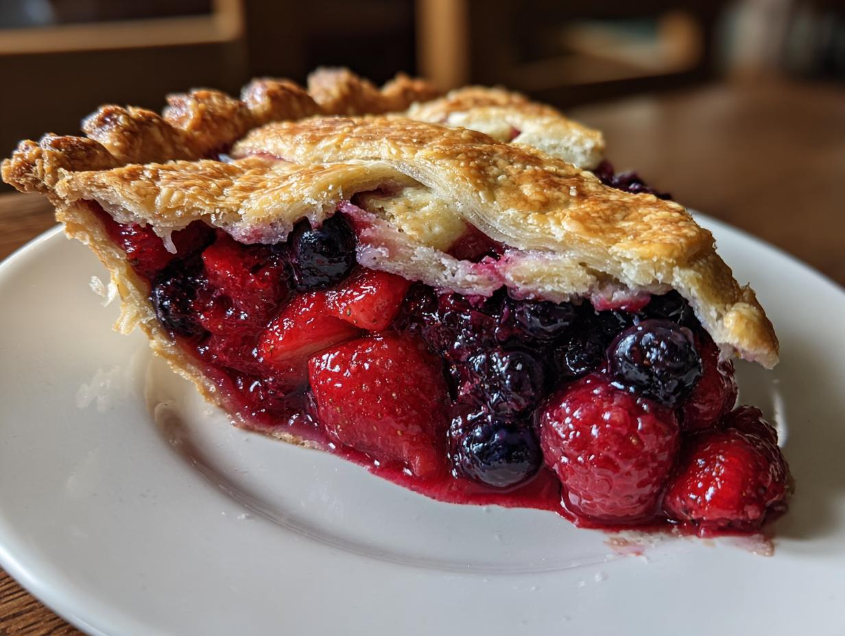 A close-up of a juicy slice of triple berry pie showing strawberries, raspberries, and blueberries overflowing with filling.