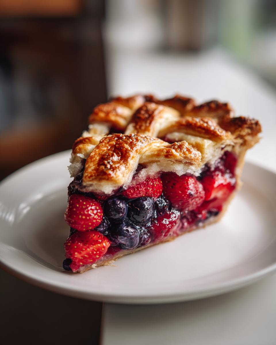 A close-up of a slice of triple berry pie showing strawberries and blueberries under a golden lattice crust.