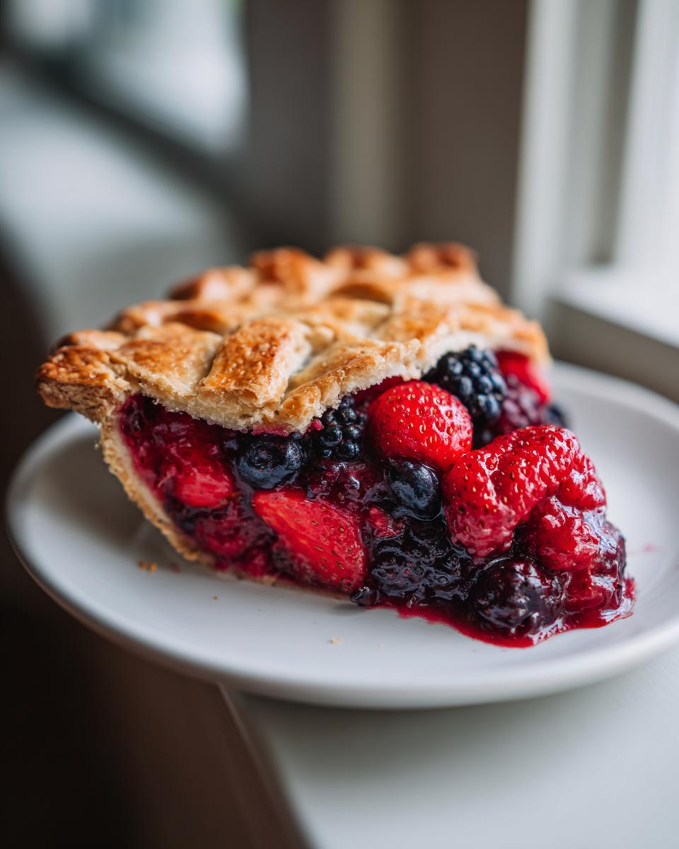 A close-up of a slice of amazing triple berry pie showing strawberries, blueberries, and blackberries under a golden lattice crust.