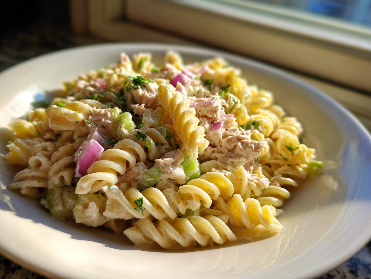 A close-up of a creamy tuna pasta salad made with rotini pasta, celery, and red onion, served in a white bowl.