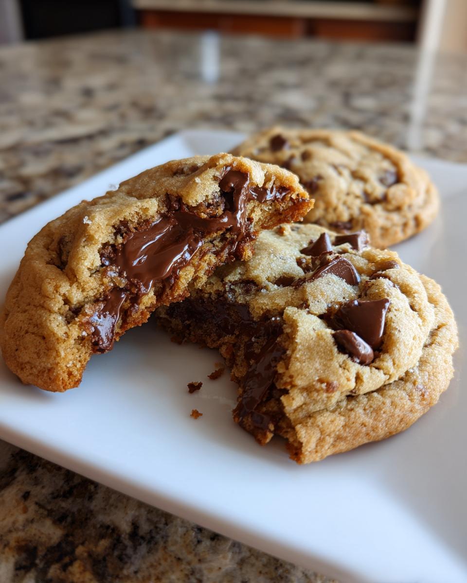 Close-up of a chocolate chip cookie broken in half showing a molten, gooey chocolate center.