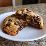 A perfect chocolate chip cookie broken in half showing melted, gooey chocolate chips inside.