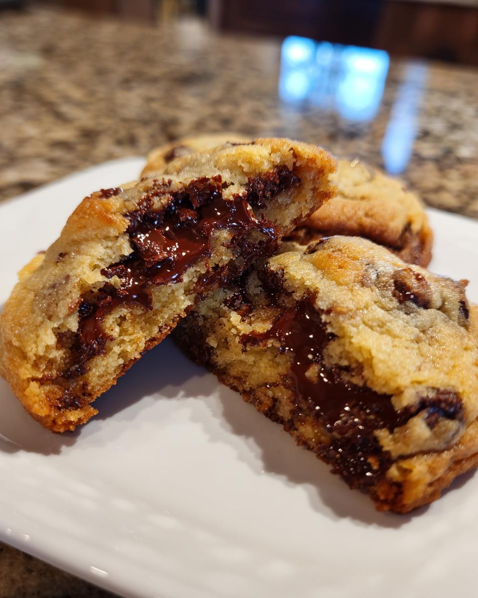 Close-up of a chocolate chip cookie broken in half, showing a gooey, melted chocolate center.