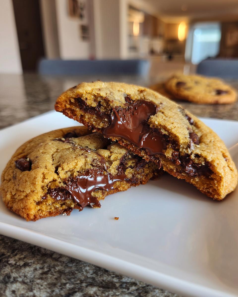 Close-up of a chocolate chip cookie broken in half revealing gooey, melted chocolate center.