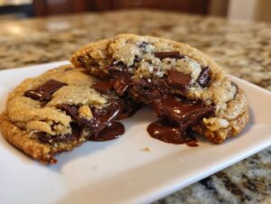 Close-up of a warm chocolate chip cookie broken in half showing gooey, melted chocolate filling.