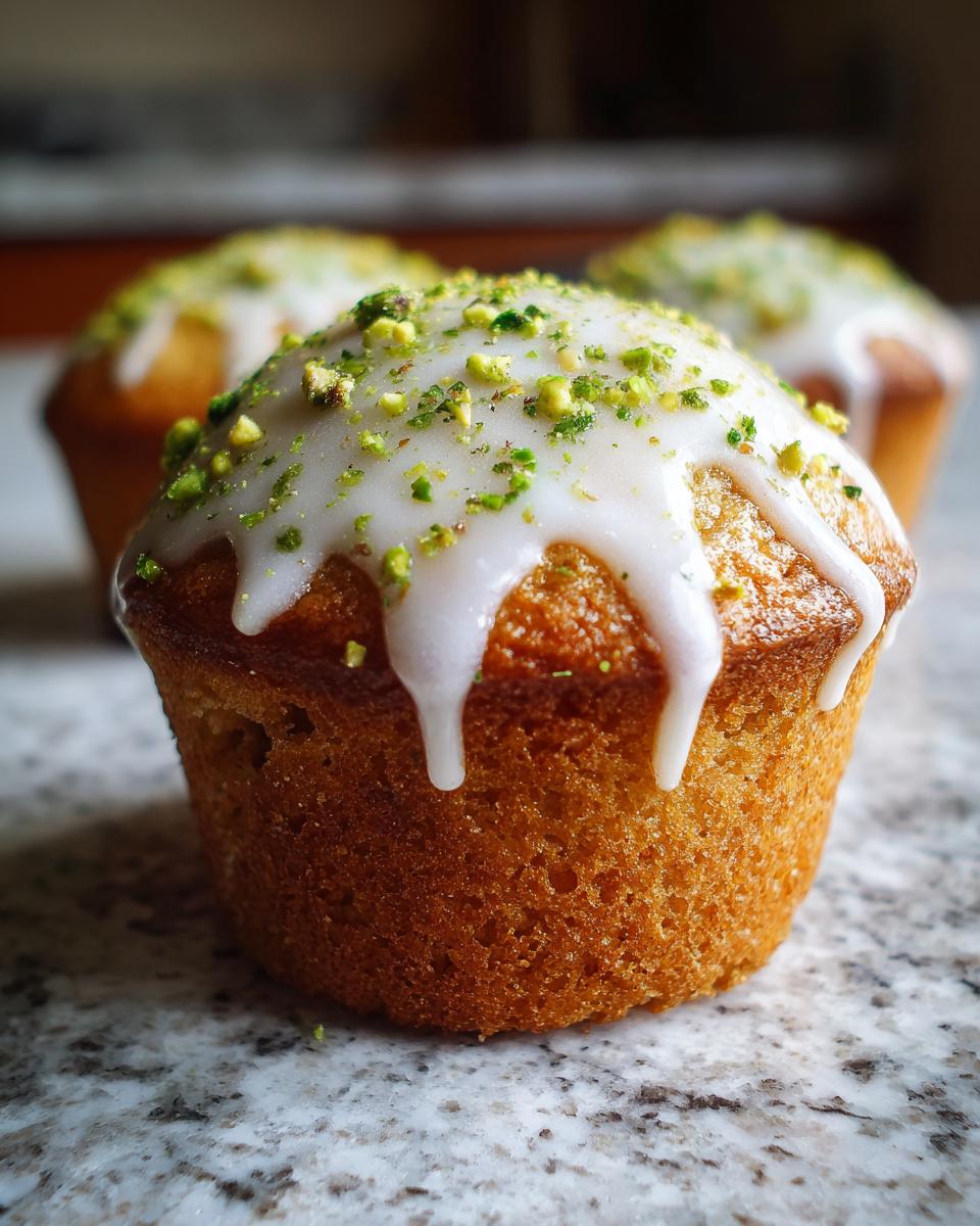 Close-up of a golden brown pistachio muffin topped with thick white glaze and sprinkled with chopped green pistachios.