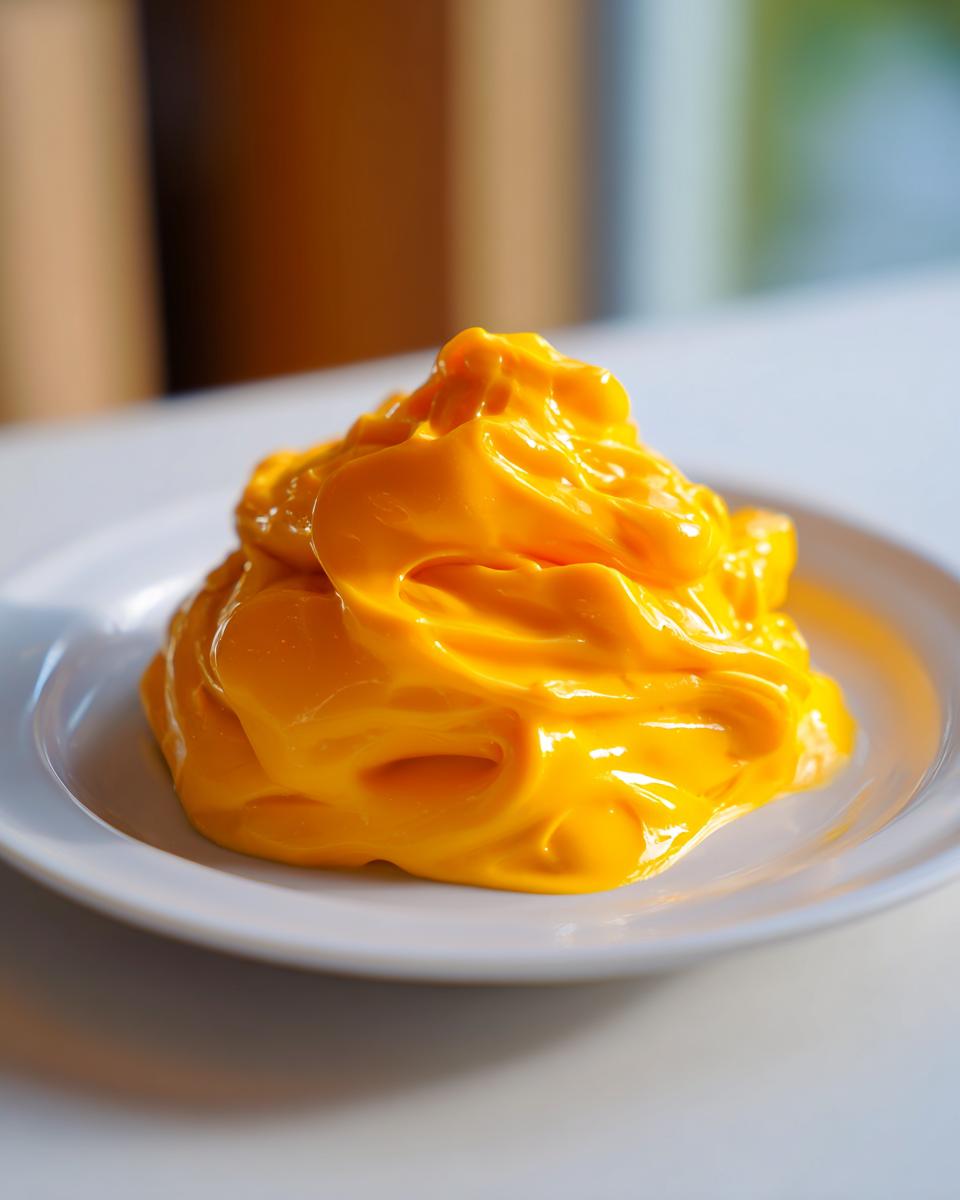 A thick, bright orange dollop of homemade nacho cheese sauce piled high on a small white plate.