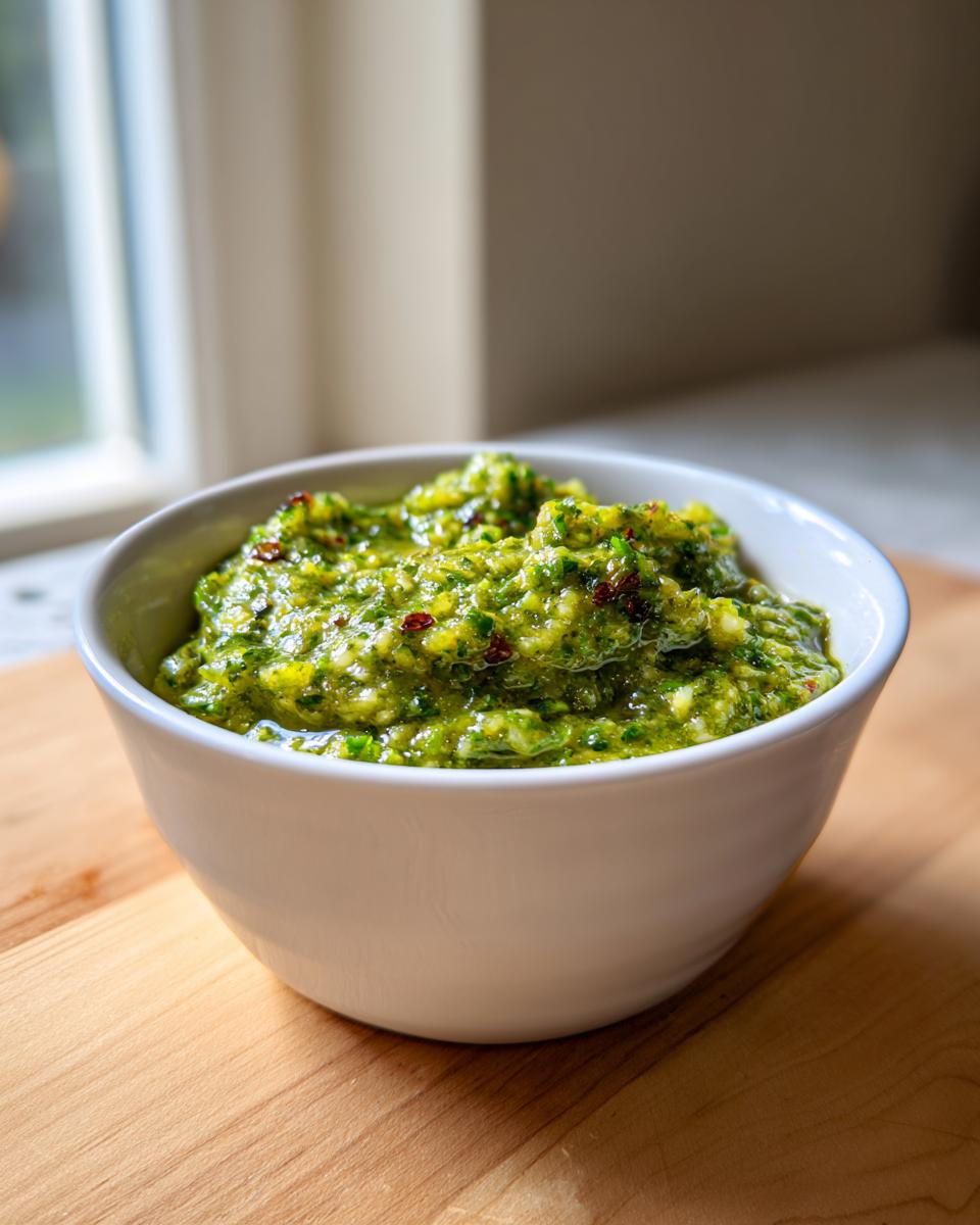 Close-up of vibrant, chunky green tomato salsa in a white bowl, sitting on a wooden cutting board.