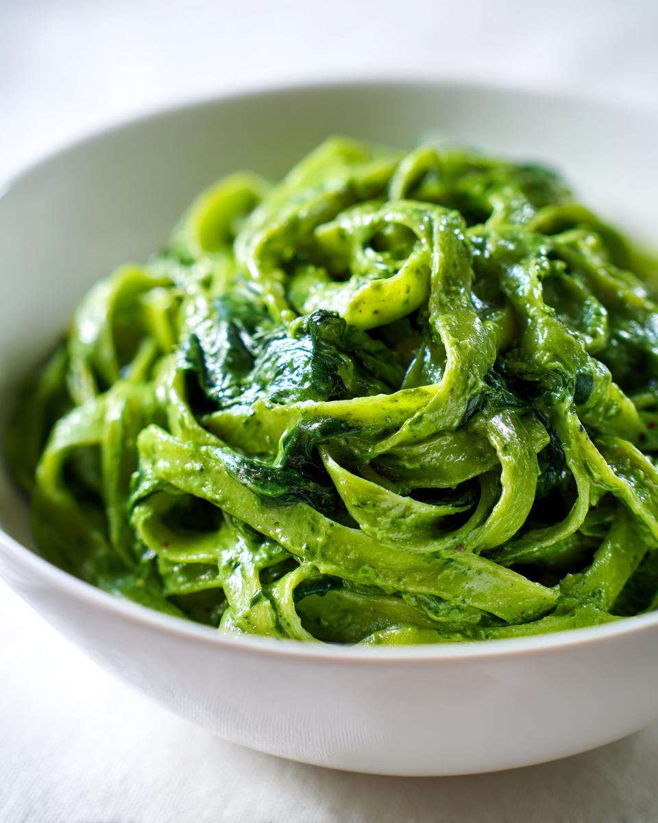 Close-up of creamy, bright green spinach pasta tossed in a rich sauce, served in a white bowl.